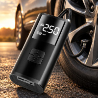 Портативный аккумуляторный автомобильный однопоршневой компрессор с LED-дисплеем, фонариком и Power Bank 6000m