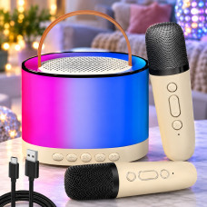 Портативная Bluetooth колонка K52 с двумя караоке микрофонами, RGB подсветка, аккумулятор до 12 часов, бежевый