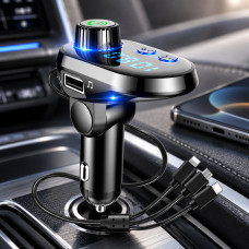 Автомобильный FM модулятор Q15-BT с Bluetooth, дисплеем, USB и кабелями Type-C, Micro USB, Lightning, быстрой