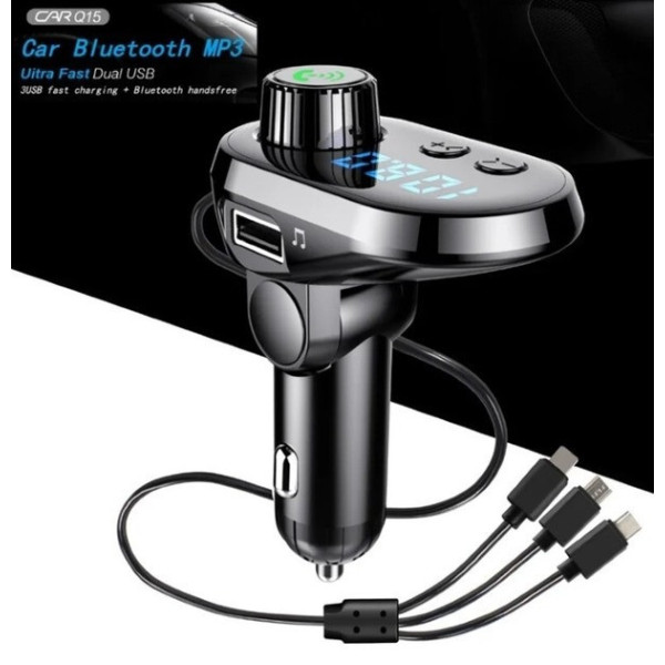 Автомобильный FM модулятор Q15-BT с Bluetooth, дисплеем, USB и кабелями Type-C, Micro USB, Lightning, быстрой