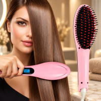 Электрическая расческа-выпрямитель FAST HAIR STRAIGHTENER HQT-906 розового цвета от сети 220 В с одной насадко