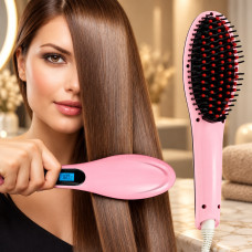 Электрическая расческа-выпрямитель FAST HAIR STRAIGHTENER HQT-906 розового цвета от сети 220 В с одной насадко