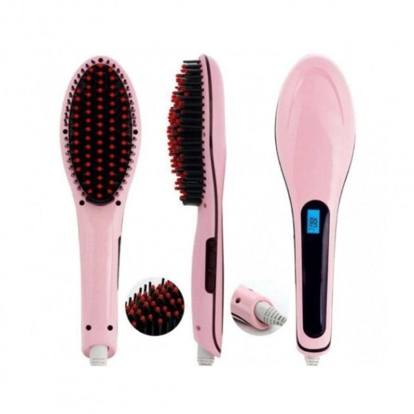 Электрическая расческа-выпрямитель FAST HAIR STRAIGHTENER HQT-906 розового цвета от сети 220 В с одной насадко