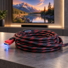 Кабель HDMI с усилением 15 м с золотыми разъемами черно-красного цвета
