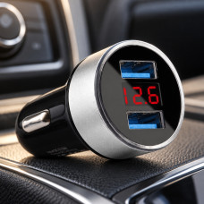 Автомобильное зарядное устройство HZ AG HC6 с 2 USB-портами 2.0 и экраном, ток 2,4 А, черный