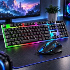 Клавиатура и мышь K518 с эргономичной панелью RGB для ПК и ноутбука, черная