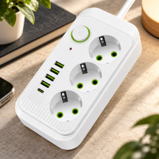 Сетевой разветвитель с 3 розетками, 5 USB и Type-C, шнур 2 м, черный и белый
