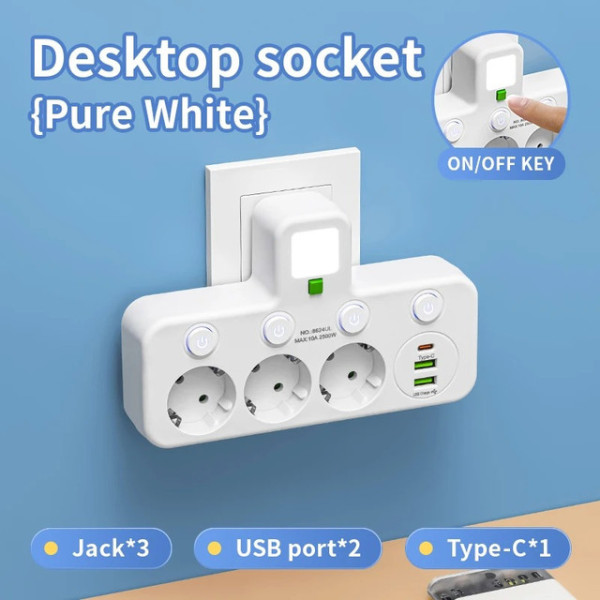 Мережевой фильтр-подовжитель AND 5378 с 3 розетками и USB для питания приборов с выключателем