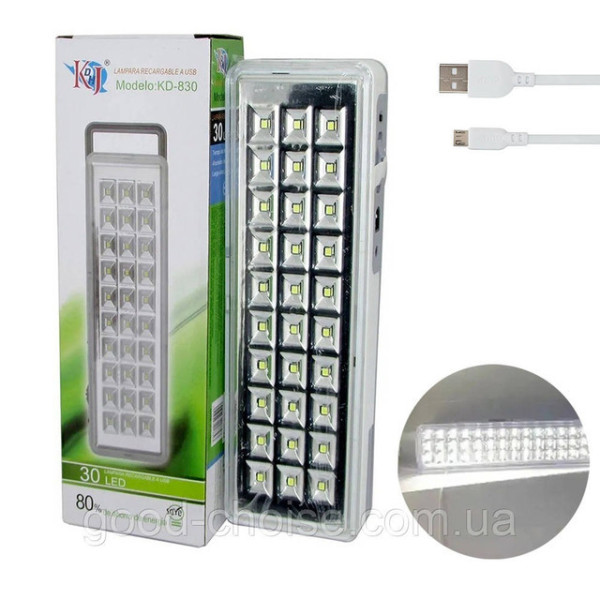 Фонарь аккумуляторный KD-830 с LED лампой, 1200 мА·ч и выдвижной ручкой, зарядка USB