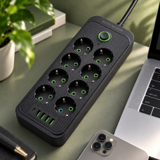 Сетевой удлинитель с 8 розетками и 5 USB портами, кнопка включения, длина 2 м