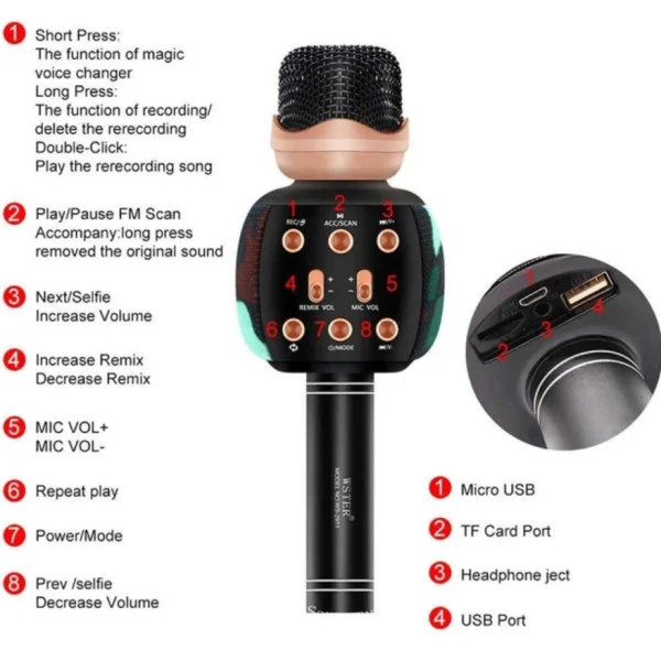 Микрофон караоке Wster WS-2911 Bluetooth с колонкой, беспроводной караоке микрофон с эффектами голоса