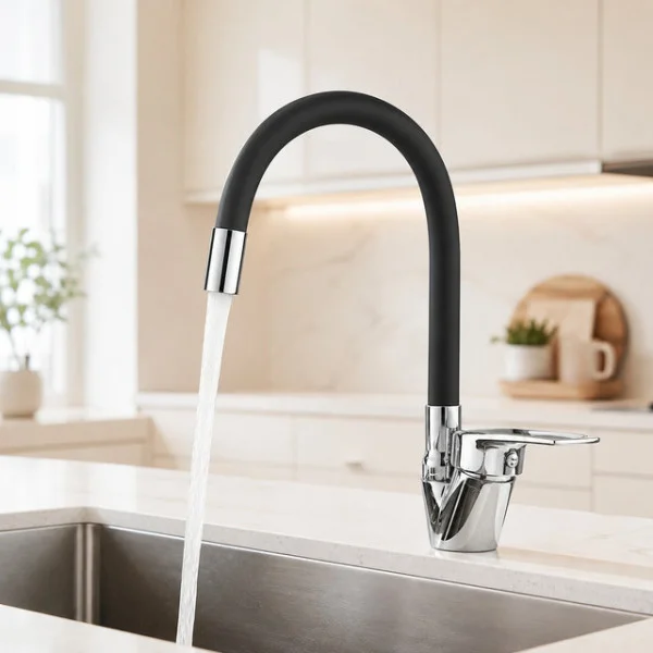 Кухонный смеситель Rubineta Flexy 33 BK с гибким изливом, черный с хромированными элементами